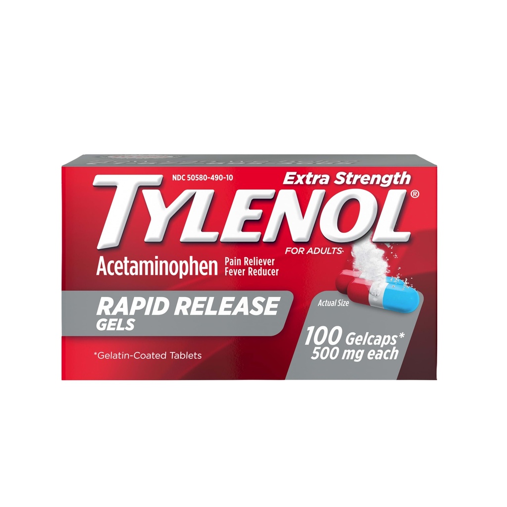 Tylenol Extra Strength Acetamophen Rapid Release Gels, Pain Reliever & Fever Reducer, Gelcaps με Laser-Drilled Holes for Fast Release, Gentle on Stomach, 500 mg Per Gelcap, 100 Count OTC Medicine