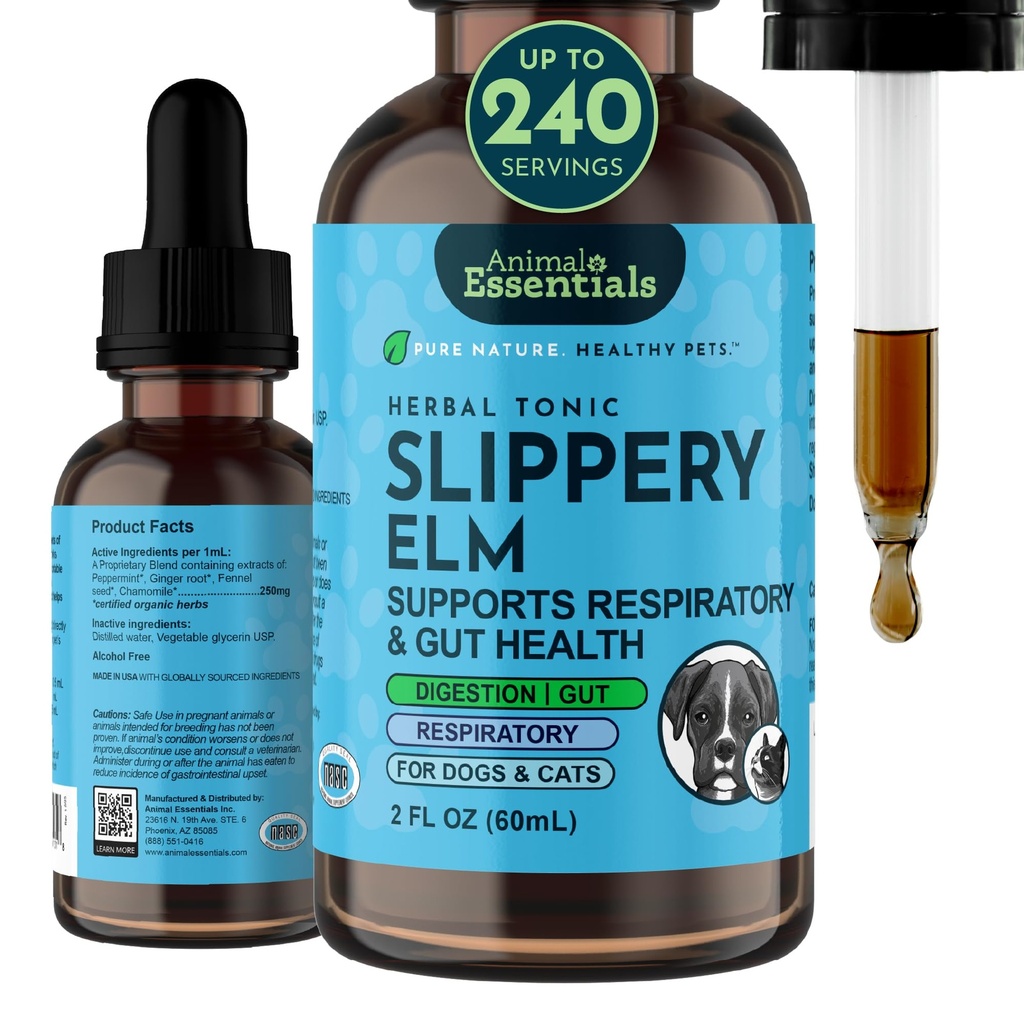 Animal Essentials Slippery Elm - Εκχύλισμα βοτάνων για σκύλους και γάτες, προωθεί την υγιεινή πέψη, λειτουργία του εντέρου, πιστοποιημένα βιολογικά βότανα, όλα τα φυσικά, αναπνευστική υγεία, υγρή φόρμουλα - 2 Fl Oz