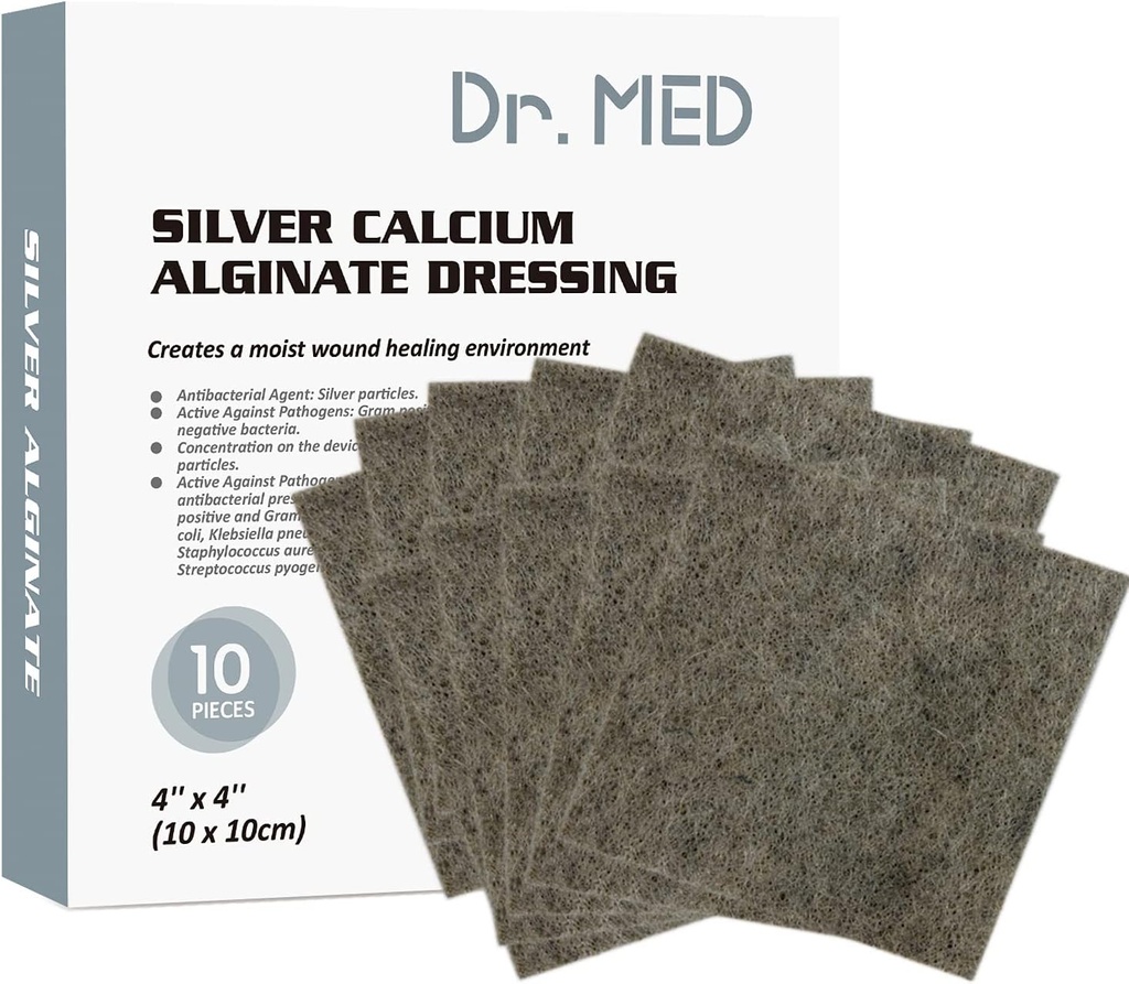 Dr. Med Silver Αλγινικό ασβέστιο Πληγή φόρεμα 4''x4'', 10 ατομική συσκευασία υψηλής απορροφητικότητας Ag Alginate τραύμα, μη αυτοκόλλητη, ανώδυνη αφαίρεση Gauze για Bedsore, Ulcers, δέρμα εκδορές