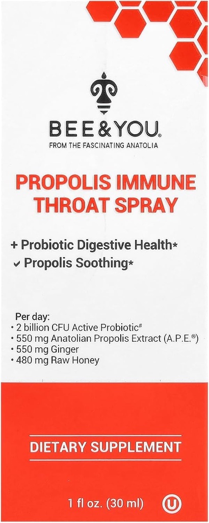 Bee and You Propolis and Probiotic Throat Spray with Ginger, Immune Support, Digestive Health, Antioxidants, Keto, Paleo, Gluten-free, 1 fl oz