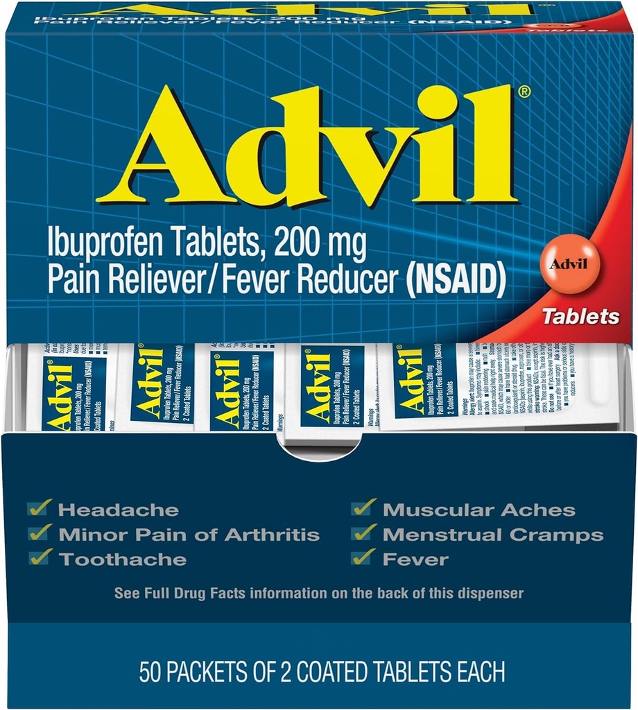 Advil Ibuprofen Tabletισκία, 200 mg Αναπνευστικό άλγος/ Μειωτής πυρετού (NSAID), 100 δισκία (50 συσκευασίες των 2 δισκίων το καθένα)