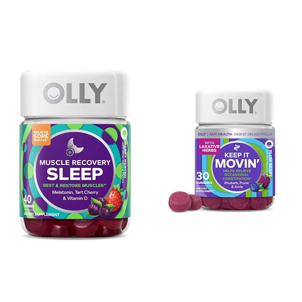 OLLY μυών αποκατάστασης ύπνου Gummies με μελατονίνη, ταρτ κεράσι & βιταμίνη D, δυσκοιλιότητα ανακούφιση Gummies με Rβέντι, Prunes & Amla - 40 & 30 κόμης