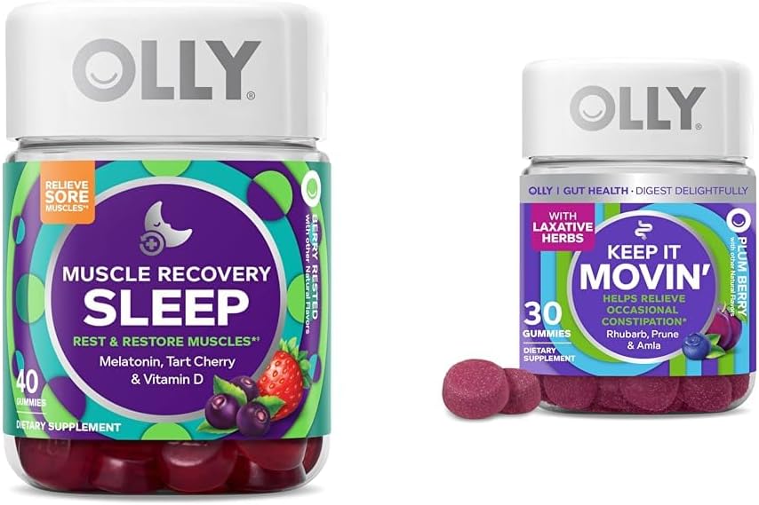 OLLY μυών αποκατάστασης ύπνου Gummies με μελατονίνη, ταρτ κεράσι & βιταμίνη D, δυσκοιλιότητα ανακούφιση Gummies με Rβέντι, Prunes & Amla - 40 & 30 κόμης