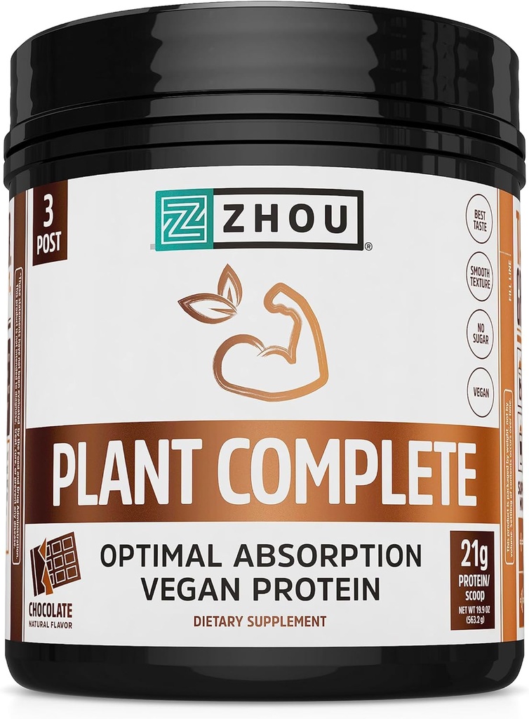 Zhou Plant Complete Vegan Protein Powder - Πρωτεΐνη με βάση το φυτό Σκόνη για γυναίκες & άνδρες, Μη Γαλακτοκομικό Ρύζι & Pea Blend για Smoothies & Shakes, 21g Πρωτεΐνη ανά υπηρεσία - Σοκολάτα, 17,7oz (16 Servings)