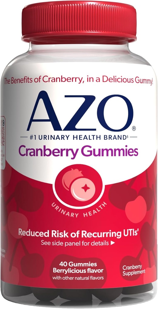 AZO Cranberry urinary Tract Health Gummies Dietary Supplement 2 Gummies = Χυμός glass Cranberry Helps Cleanse Protect Natural Berrylicious Flavor Gummies, Non-GMO, 40 Count