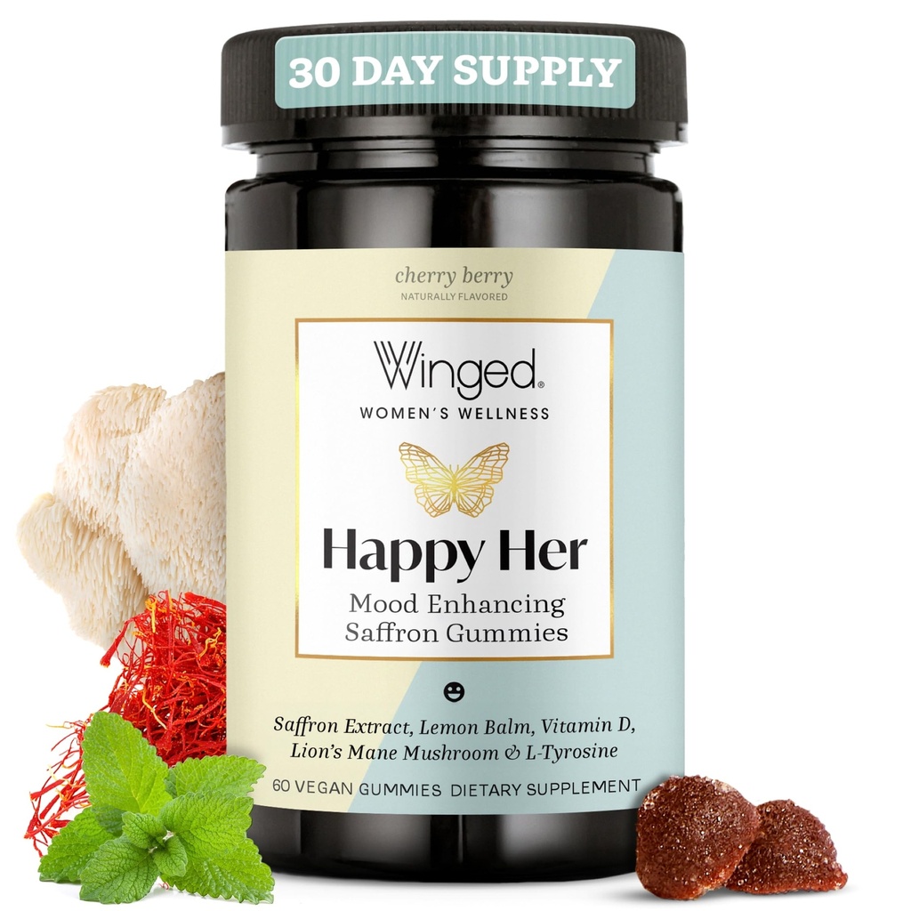 Winged Wellness Happy Her Mood Gummies - Daily Mood Enhancer Support Supplement for Women - Saffron, Lemon Balm, Vitamin D & Lions Μανιτάρια Μανιτάρια Μανιτάρια Μανιτάρια Μανιτάρια για Ισορροπία & Ηρεμία Ανακούφιση - 50 Vegan Gummies