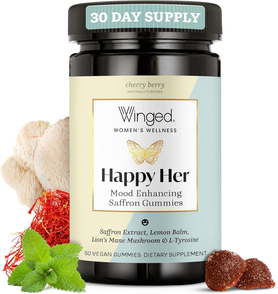 Winged Wellness Happy Her Mood Gummies - Daily Mood Enhancer Support Supplement for Women - Saffron, Lemon Balm, Vitamin D & Lions Μανιτάρια Μανιτάρια Μανιτάρια Μανιτάρια Μανιτάρια για Ισορροπία & Ηρεμία Ανακούφιση - 50 Vegan Gummies