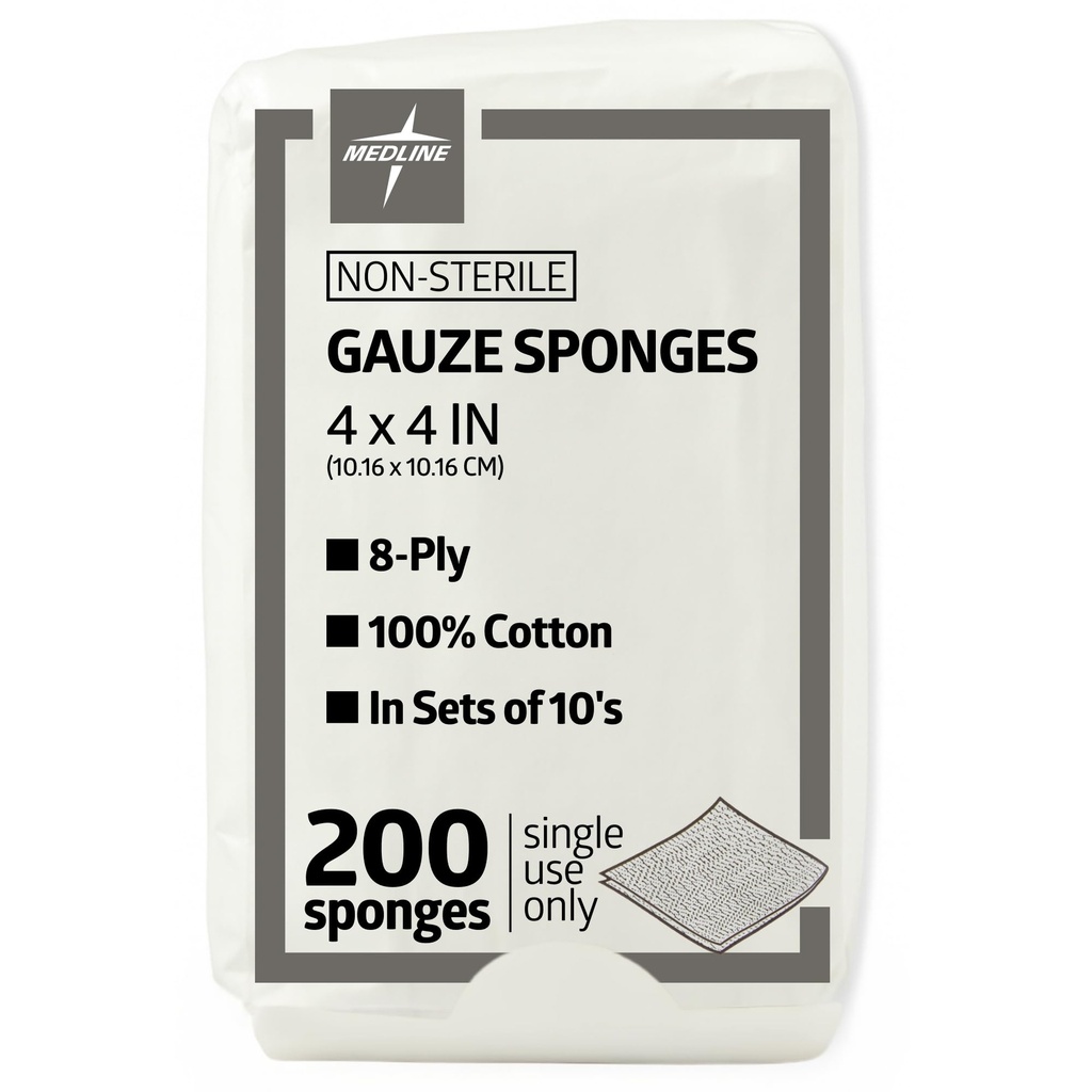 Medline 4 x 4 ίντσα σφουγγάρια Gauze, μη αποστειρωμένο 8-Ply Υφαντό γάζα, 100% βαμβάκι, ιδανικό για το ντύσιμο τραύματος, φροντίδα τραύματος, Γενική χρήση πρώτων βοηθειών, συσκευασία 200