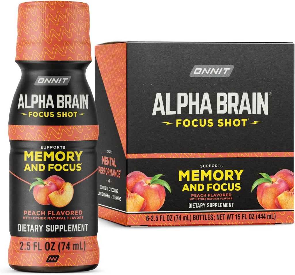 ONNIT Alpha Brain Focus Shot, Ροδάκινο Γεύση, Nootropic Dietary συμπλήρωμα ποτό που υποστηρίζει την ενέργεια, εστίαση, και Mood, IGENTM μη-GMO δοκιμαστεί, 2,5 fl oz, 6 κόμης
