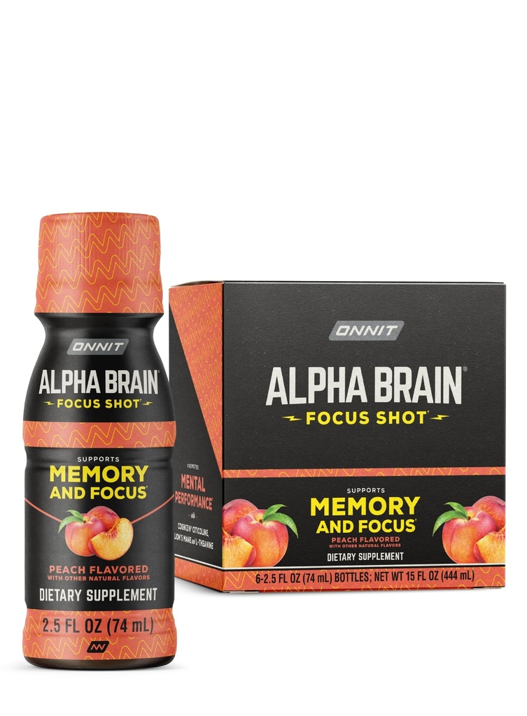 ONNIT Alpha Brain Focus Shot, Ροδάκινο Γεύση, Nootropic Dietary συμπλήρωμα ποτό που υποστηρίζει την ενέργεια, εστίαση, και Mood, IGENTM μη-GMO δοκιμαστεί, 2,5 fl oz, 6 κόμης