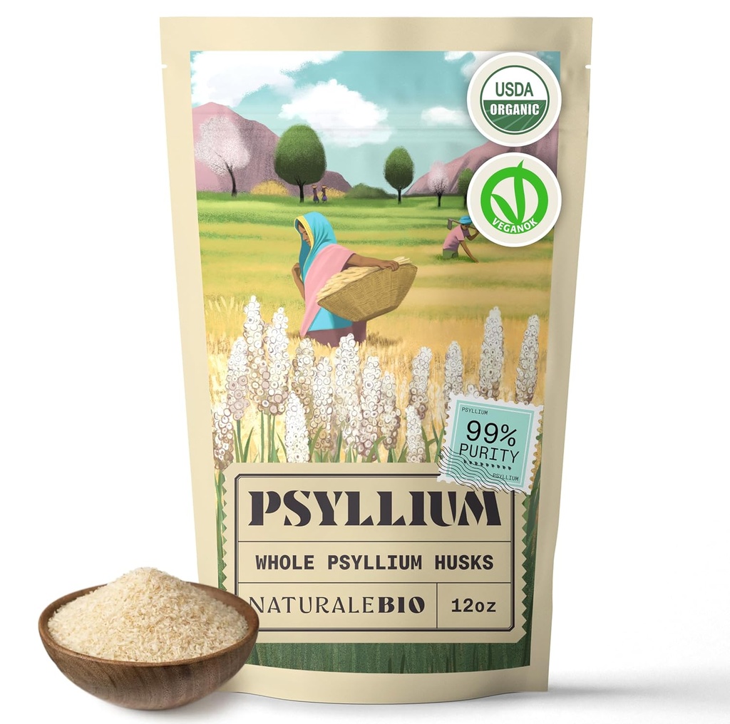 NaturaleBio Whole Psyllium Husk. 12 oz. 99% Καθαρό Psyllium Seed Husks. Φυσικό συμπλήρωμα ινών. Η USDA είναι πιστοποιημένη. Παράγεται στην Ινδία. Χωρίς γλουτένη, Κέτο, Παλαιό, Vegan Diets. Προβιοτικά