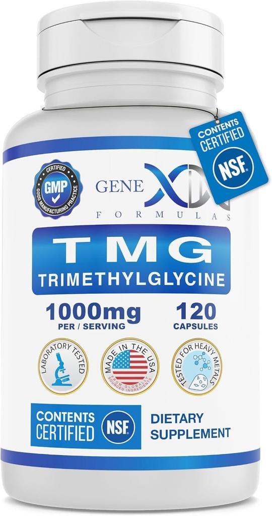 Genex Formulas TMG Supplement 1000mg (120 Κάψουλες) - NSF Πιστοποιημένο για Ασφάλεια, Ποιότητα & Ετικέτα Ακρίβεια - Betaine Anhydrous Trimethylglycine - Συμπλήρωμα ήπατος - Χωρίς γλουτένη & Μη-ΓΤΟ - 30-Ημέρα προσφοράς