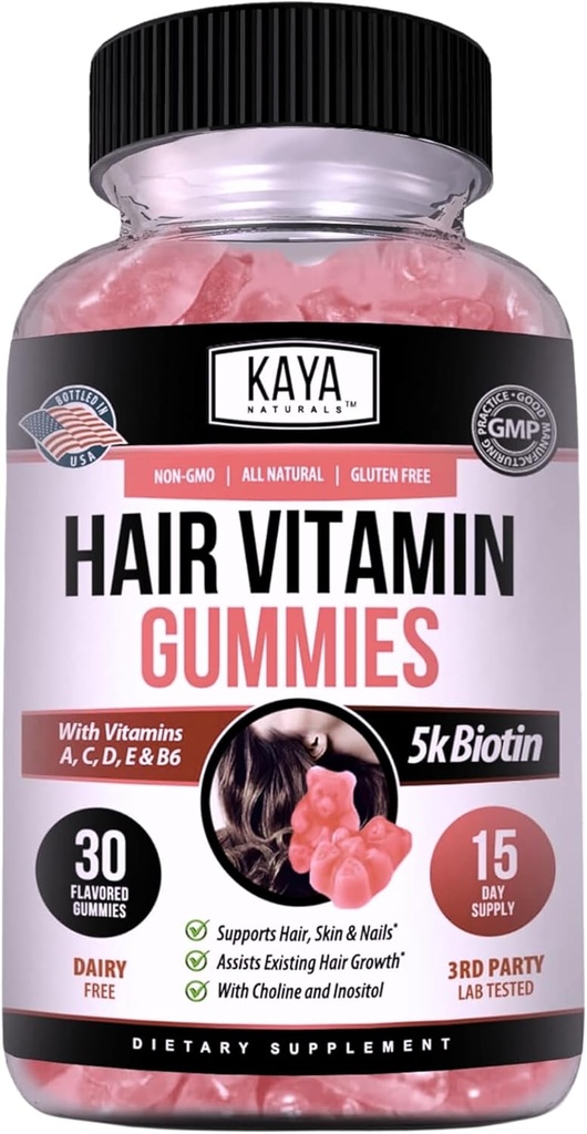 Kaya Naturals Gummies για την ανάπτυξη των μαλλιών - Biotin 5000mcg Βιταμίνες για υγιή μαλλιά, δέρμα και νύχια - Συμπλήρωμα ομορφιάς για γυναίκες ή άνδρες - 30 κόμης - άρωμα βατόμουρο