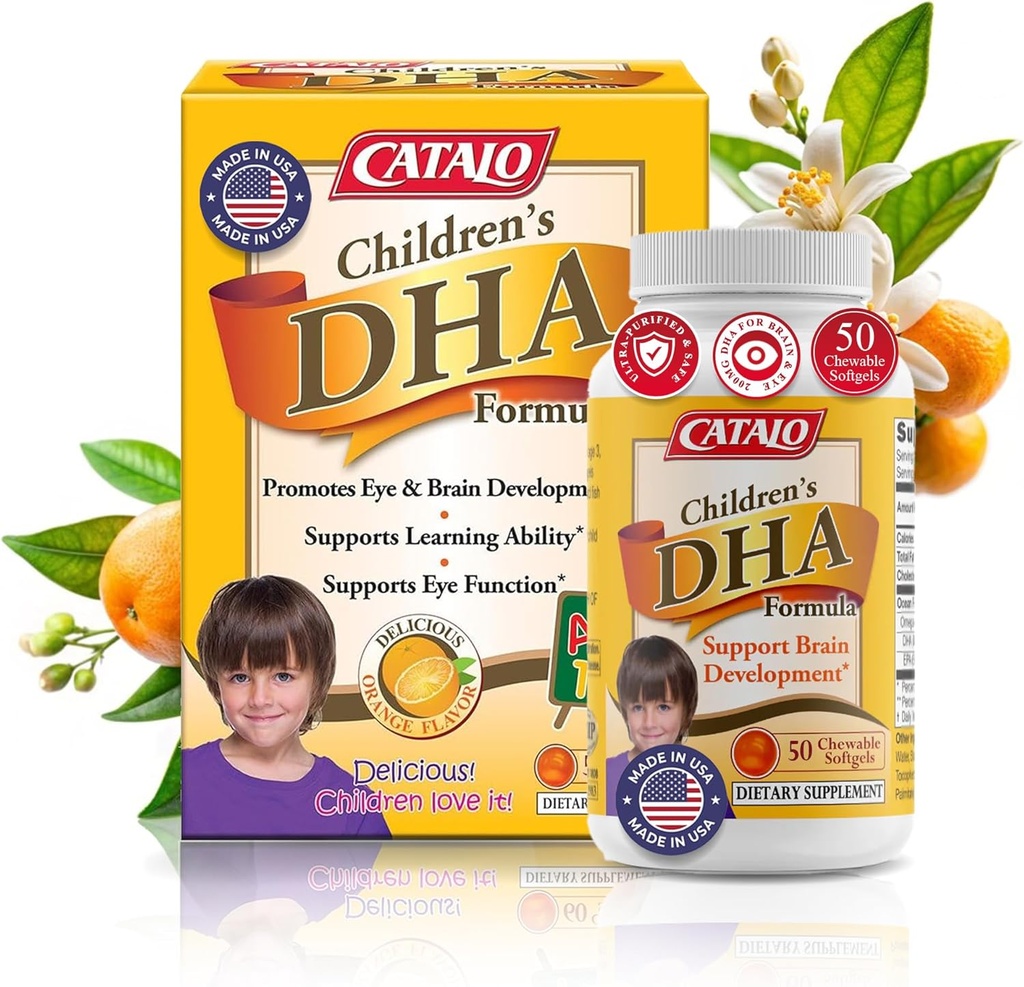 CATALO Παιδική DHA Φόρμουλα Fish Oil συμπληρώματα, μασώμενα Softgels, 200mg DHA ανά υπηρεσία, Ωμέγα-3, Φυσικό Πορτοκαλί Γεύση για τα παιδιά, για τη λειτουργία του εγκεφάλου και την ανάπτυξη των ματιών, εύκολο να πάρει, 50 Softgels