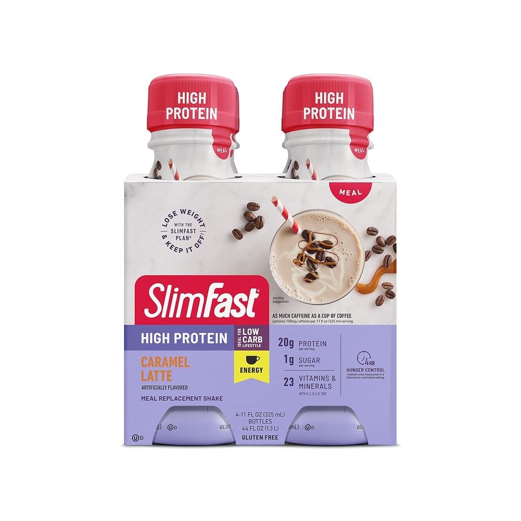 SlimFast Advanced Energy Caramel Latte Shake – Ready to Drink Meal Replacement – 20g πρωτεΐνης, 11 fl. oz. Μπουκάλι, 4 Count (Packaging May Vary)