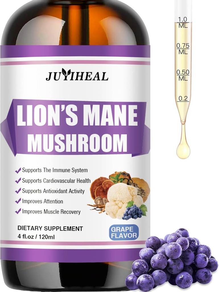 Lions Mane Liquid - Εγκεφαλική υποστήριξη, ενέργεια, μνήμη & εστίαση - Ζάχαρη & Αλκοόλ-free Lions Mane συμπλήρωμα - 4 FL OZ, 4 μήνες προσφοράς, άρωμα σταφυλιών