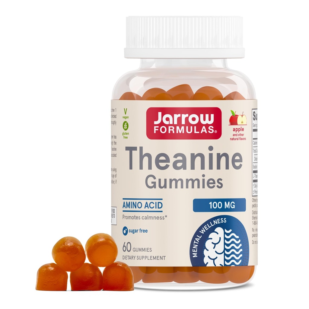 Jarow Formulas® Theanine 100 mg Gummies, Συμπλήρωμα διατροφής που προάγει την ηρεμία, 60 Apple-Flavored Gummies, 60 Day Supply