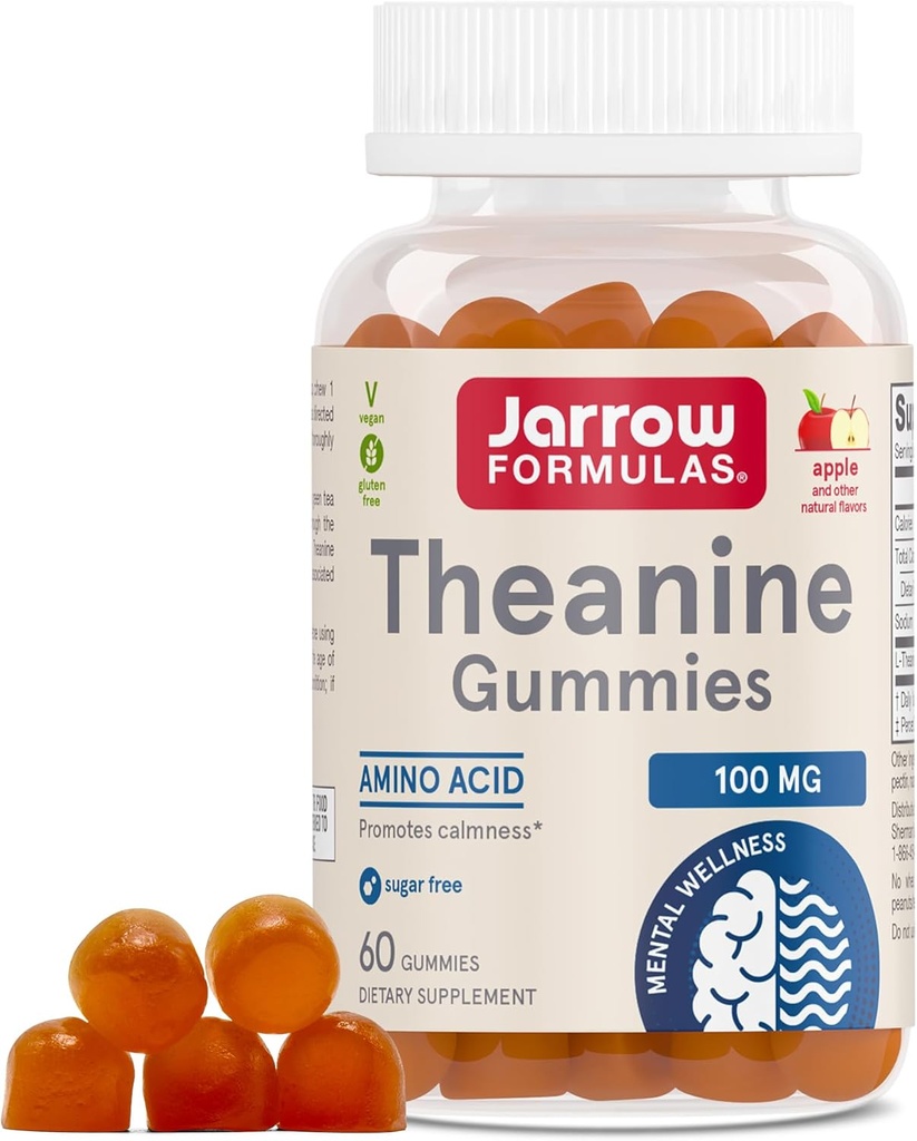 Jarow Formulas® Theanine 100 mg Gummies, Συμπλήρωμα διατροφής που προάγει την ηρεμία, 60 Apple-Flavored Gummies, 60 Day Supply