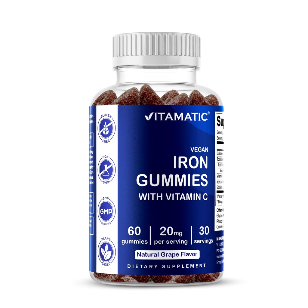 Vitamatic Iron Gummies 20 mg with Vitamin C – Vegan Iron Supplement for Women & Men – 60 Gummies – Supports Red Blood Cell Production – Natural Grape Flavor