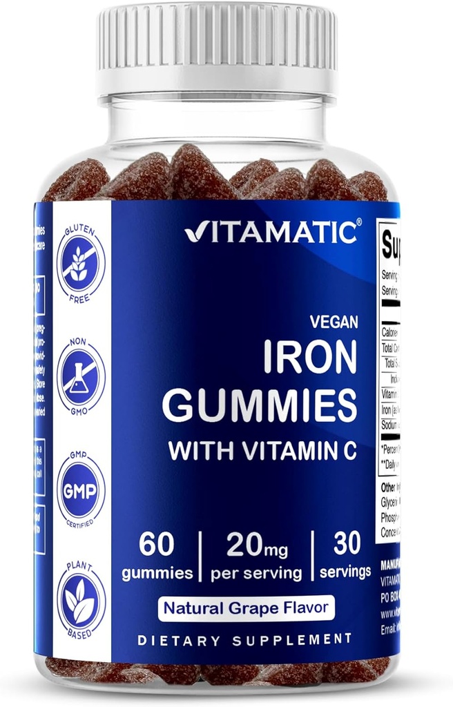 Vitamatic Iron Gummies Supplement for Women & Men - 20mg Serving - 60 Vegan Gummies - Great Tasting Iron Gummy Βιταμίνες με Βιταμίνη C (60 Count (Pack of 1))