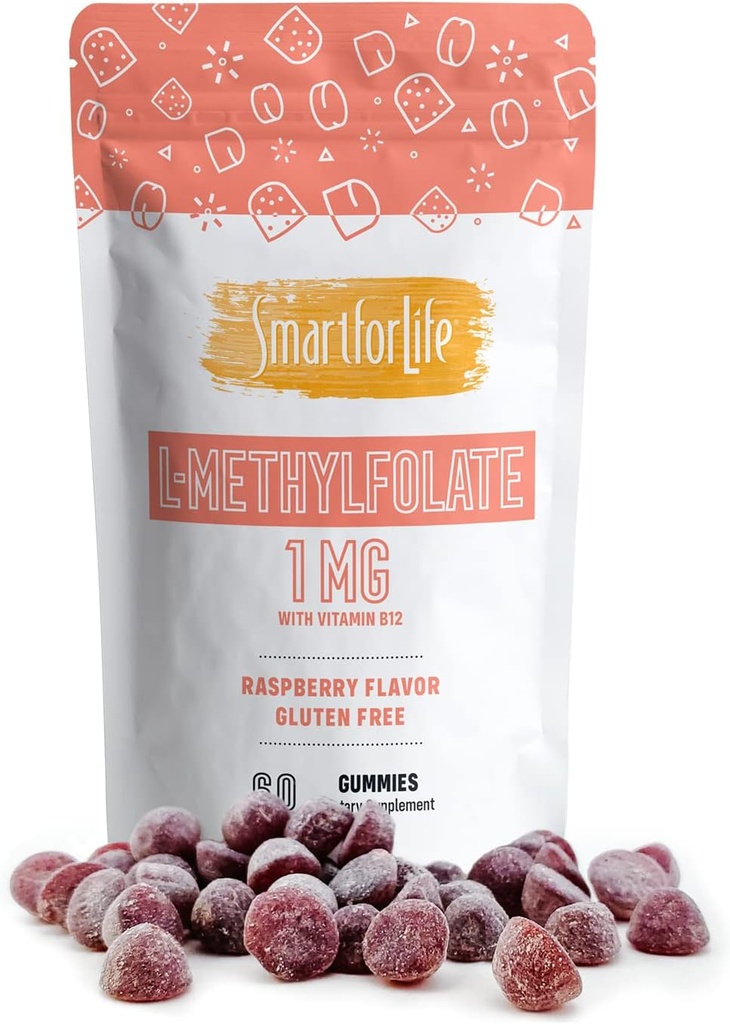Smart for Life L-Methylfolate Gummies με βιταμίνη Β12 Raspberry Flavor - 1mg - 60 Gummies - Ενεργό φολικό 5 MTHFR συμπλήρωμα υποστήριξης Επαγγελματική δύναμη - Γιατρός Σχεδιασμένο Φολικό Μεθύλιο