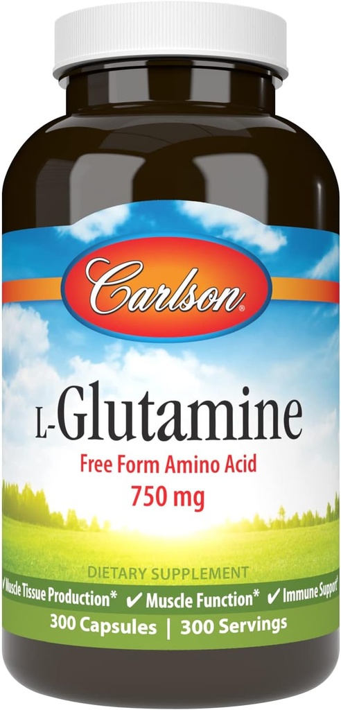 Carlson - L-Glutamine, Free- Form Amino Acid, 750 mg, Παραγωγή Μυϊκού Ιστού, 300 Κάψουλες