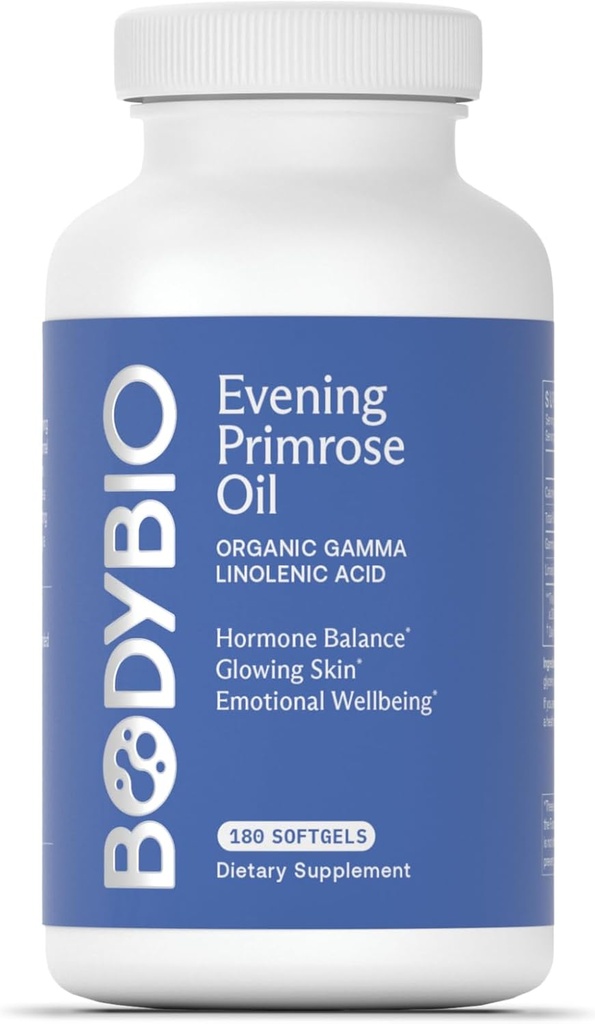 BodyBio Evening Primrose Oil - Φυσικό Gamma Λινολενικό οξύ για την υγιή ισορροπία δέρματος & ορμονών - Μη ΓΤΟ, Ψυχρό πιεσμένο, 180 softgels