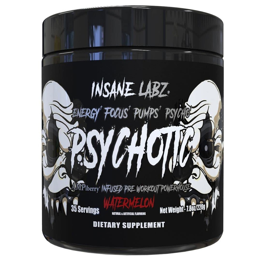 Insane Labz Psychotic Black Edition Mid Simulant Pre Workout Powder, Ενεργειακές Αντλίες Εστίασης, Φορτωμένο με Createine Beta Alanine Taurine Τροφοδοτημένη από AMPiberry, 35 Σερβιέτες (Watermelon)