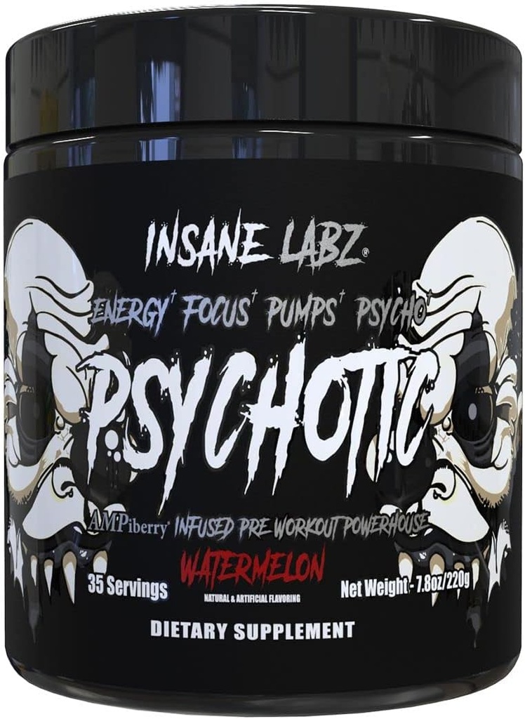 Insane Labz Psychotic Black Edition Mid Stimulant Pre Workout Powder, Energy Focus Pumps, Loaded with Creatine Beta Alanine Taurine Fueled by AMPiberry, 35 Servings (Watermelon)