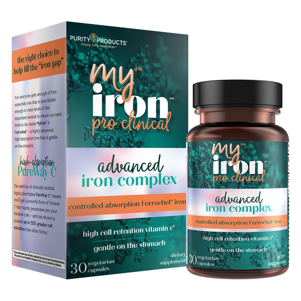 MyIron ProClinical by Purity Products - Σιδήρος (Ferous Bisglycinate Chelelate) + Βιταμίνη C (PureWay-C) - Απαλό στο στομάχι - Ελεγχόμενη απορρόφηση - Προάγει υγιή ερυθρά αιμοσφαίρια - 30 κόμη (1)