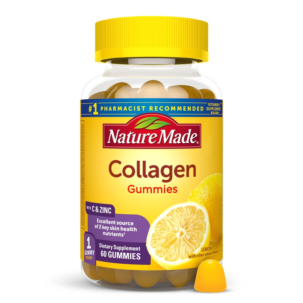 Nature Made Collagen Gummies με βιταμίνη C, ψευδάργυρος και βιοτίνη, Hydrolyzed Collagen Peptides συμπλήρωμα για την υγιή υποστήριξη του δέρματος, 60 Gummies, 60 ημέρες προσφοράς