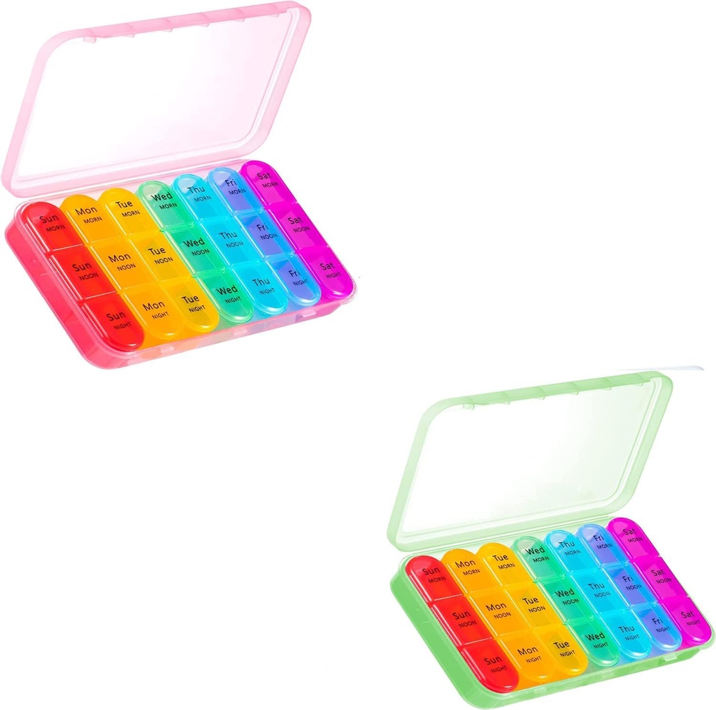 ASprink Pink and Green Pill Organizer 3 Times a Day - Weekly Pill Box 3 Times a Day - Daily Pill Box 7 Day Medicine Organizer, Large Pill Case Pill Box 3 Times a Day, Travel Pill Organizer