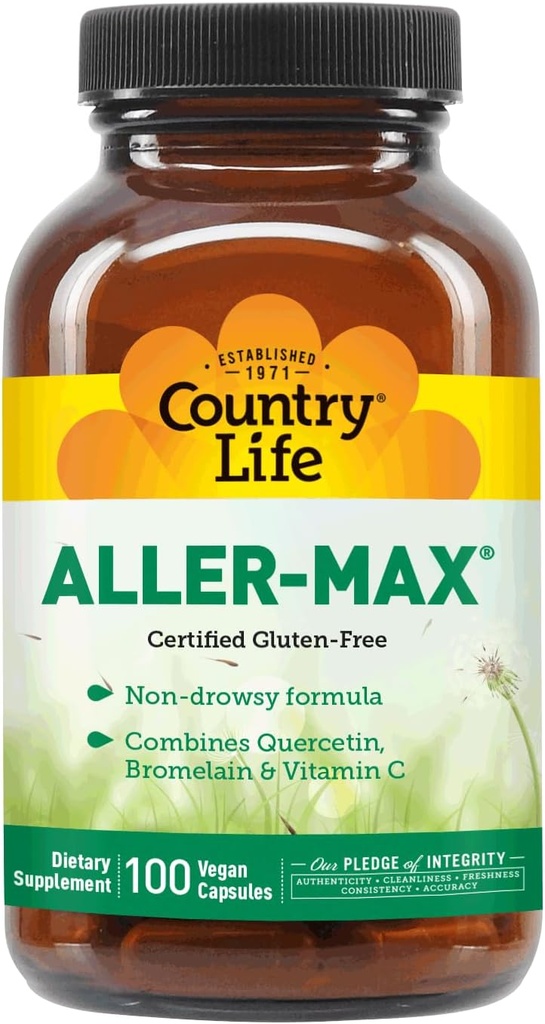Country Life Aller-Max - Quercetin Συμπληρώματα με Bromelain - ανοσοποιητική υποστήριξη με βιταμίνη C, ψευδάργυρο, και Βοτανική Blend - Certified Gluten-free, Vegan (100 Count (Pack of 1))