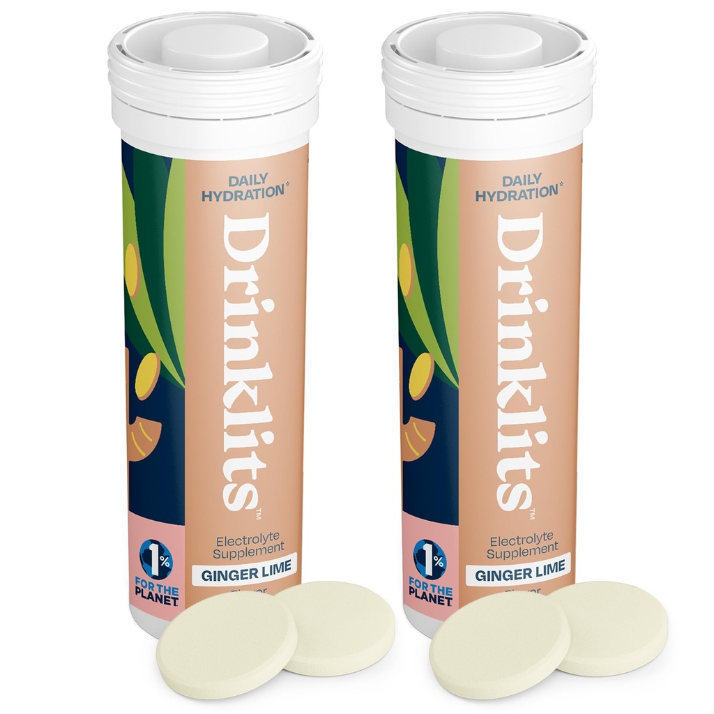 Drinklits Ginger-Lime Daily Hydration Tablets (2) Tube Bundle | Made with Organic Ginger – 0g Sugar – Essential Electrolytes | 20 Servings - 10 Tablets Per Tube