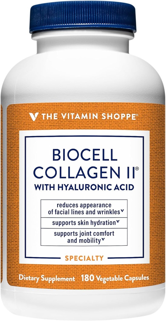 The Vitamin Shoppe Biocell Collagen II with Hyaluronic Acid 1000mg - Promotes Healthy Skin, Joints & Cartilage - Supports Hydration & Elasticity - for Daily Wellness (60 Vegetable Capsules)