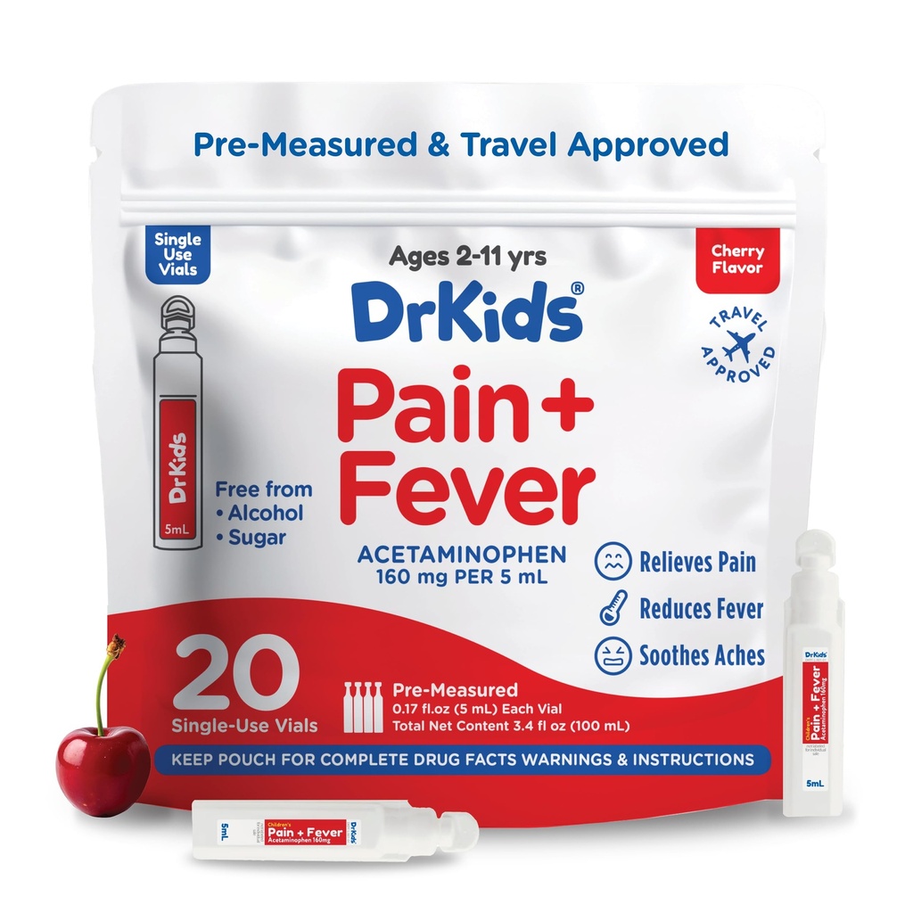 Dr. Kids Παιδικό Πόνος και Πυρετός Ιατρική - Acetaminophen για Παιδιά Ηλικίες 2-11, Pre-Measure Single-Use Φιαλίδια για Πονοκέφαλο, Πονοκεφάλου, Ψυχρού και Γρίπης, Cherry Γεύση, 20 Count (Pack of 1)