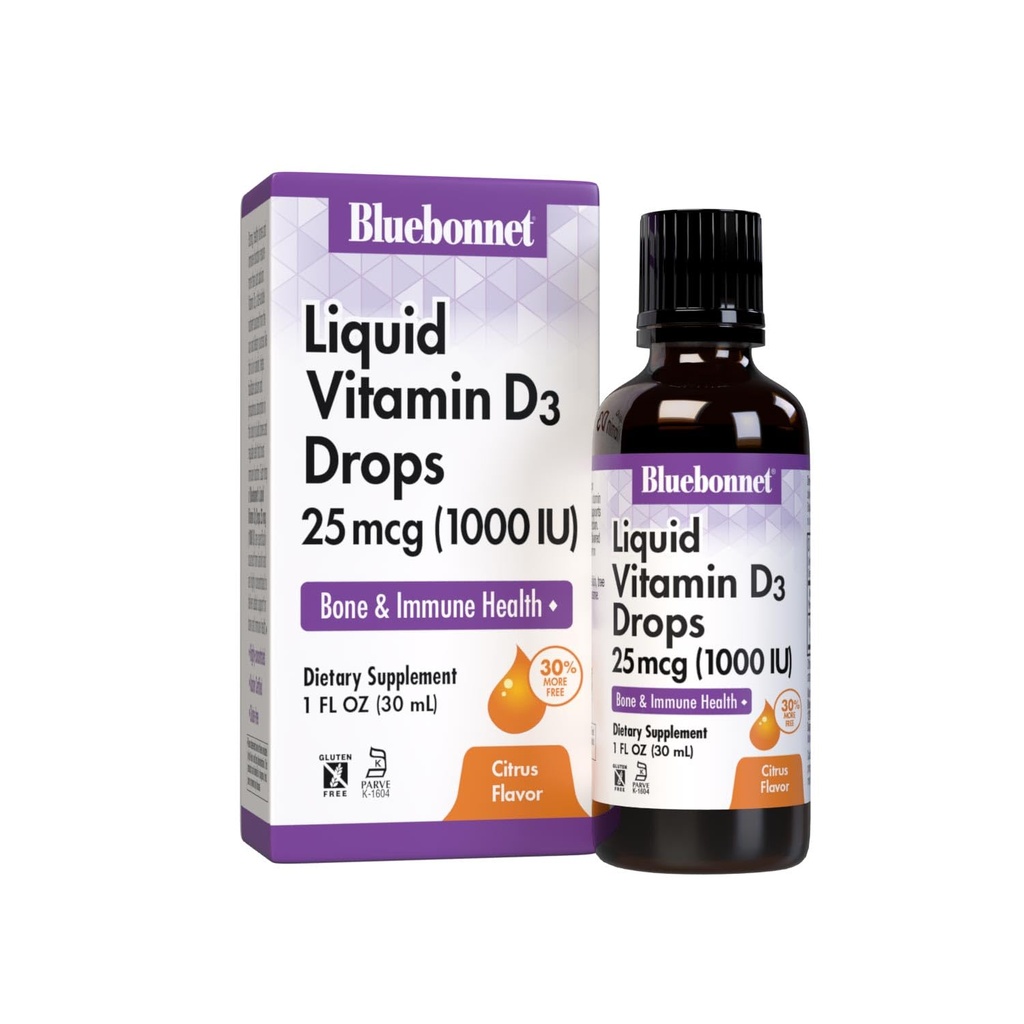 BlueBonnet Βιταμίνη D3 1000 IU 25mcg Ισχυρά οστά & συμπλήρωμα ανοσοποίησης - Υγρές Βιταμίνες για γυναίκες & άνδρες - Λανολίνη VIT D σταγόνες με λάδι MCT - Μη-GMO, Χορτοφαγικά - Εσπεριδοειδή Γεύση - 1 FL Oz