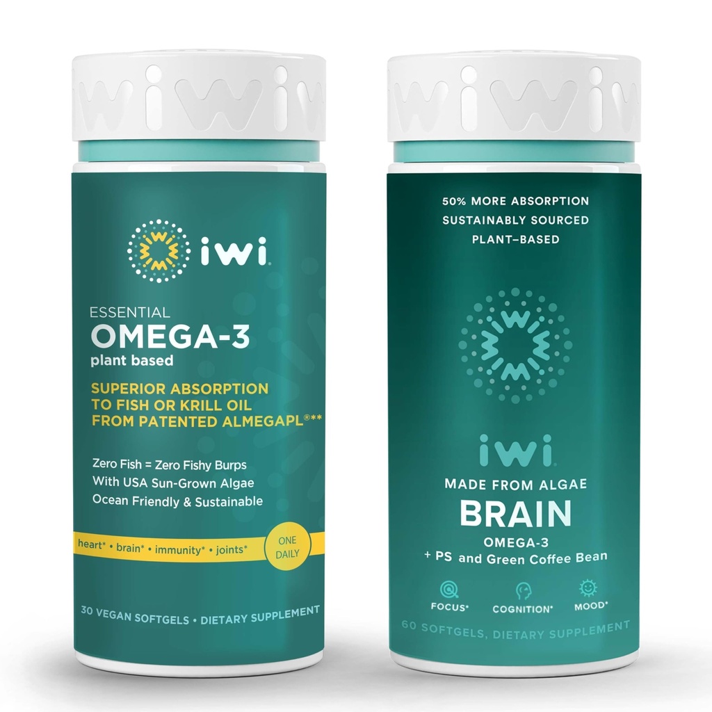 Iwi Omega-3 Essential & Brain Omega-3 Bundle, 30 Servings, Vegan Plant-based Algae Omega 3 with EPA + DHA, Krill & Fish Oil Alternative, No Fishy Aftressage
