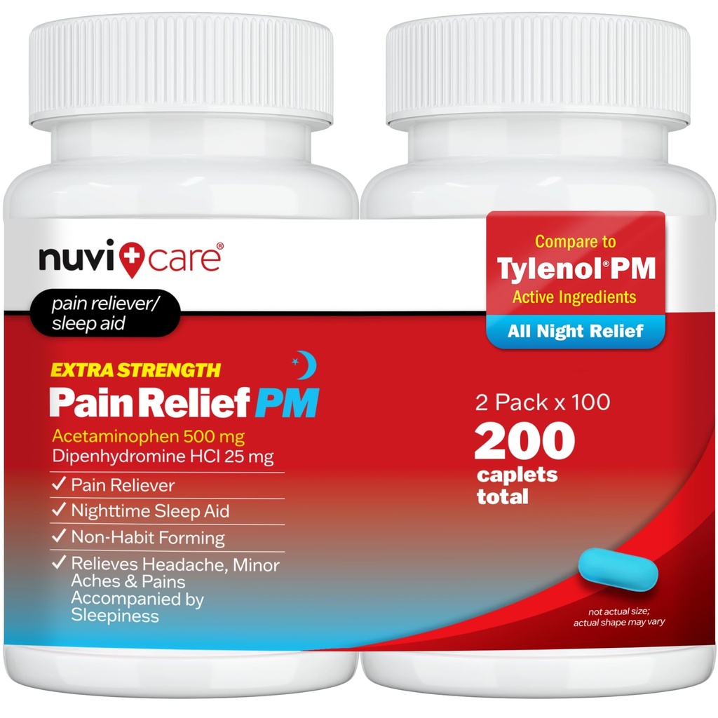 Extra Strength Pain Relief PM - Acetaminophen 500mg & Diphenhydramine 25mg - Σύγκριση με Tylenol PM Extra Strength Sleep Aid - Ενήλικας PM Pain Reliever για Nighttime Aches & Pains (100 Tablets)