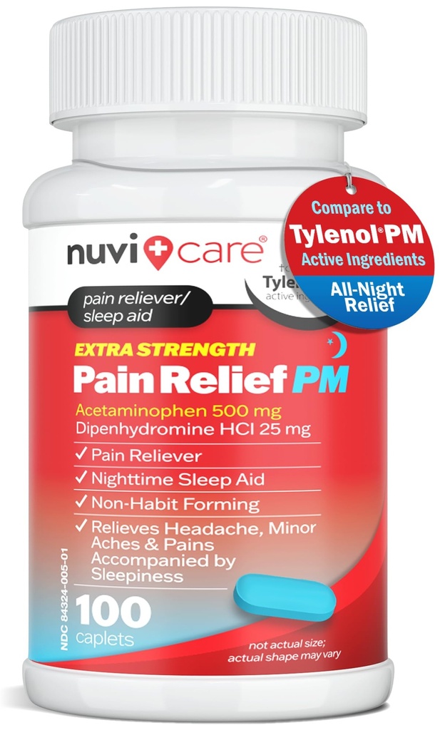 NUVICARE Extra Strength Pain Relief PM - Acetaminophen 500mg & Diphenhydramine 25mg - Compare to Tylenol Extra Strength Sleep Aid - Adult PM Pain Reliever for Nighttime Aches & Pains (100 Tablets)