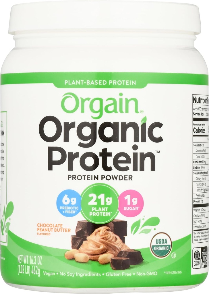 Orgain Organic Vegan Protein Powder, Σοκολάτα Φυστικοβούτυρο - 21g Πρωτεΐνης με βάση το φυτό, Χαμηλό Καθαρό Καρβίδια, Μη Γαλακτοκομικά, Χωρίς Γλουτένη, Χωρίς Λακτόζη, Χωρίς Ζάχαρη Προστέθηκε, Χωρίς Σόγια, Κόσερ, 1,02 Λίρες