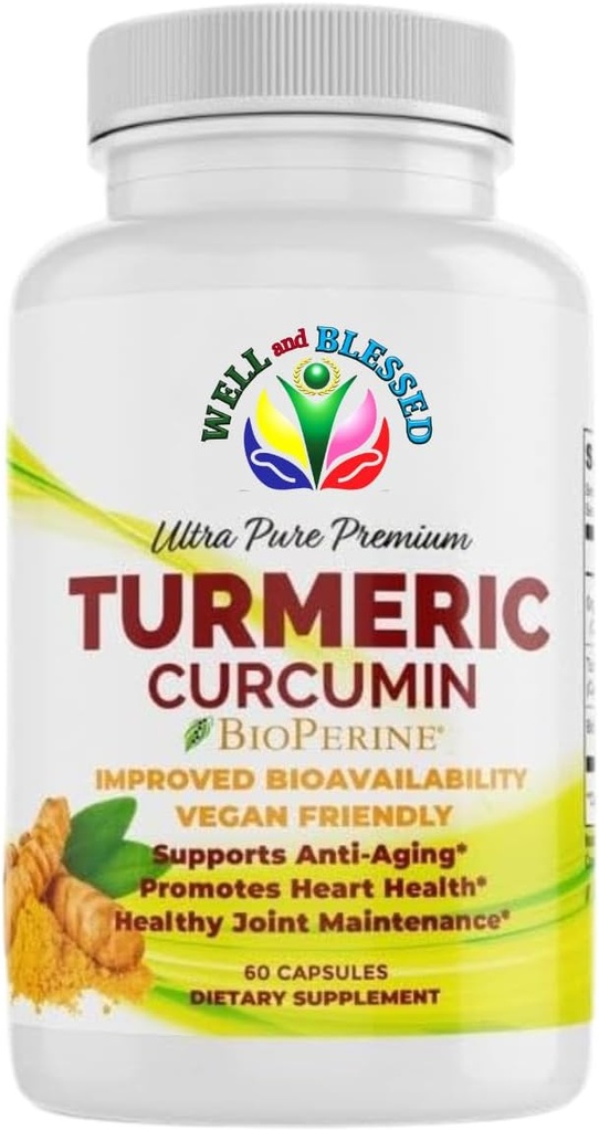 Turmeric Curcumin συμπλήρωμα με BioPerine - 60 κάψουλες - Βιολογικό εκχύλισμα ρίζας Turmeric - Vegan φιλικό, ενισχυμένη απορρόφηση, καθημερινή κοινή και καρδιακή υποστήριξη