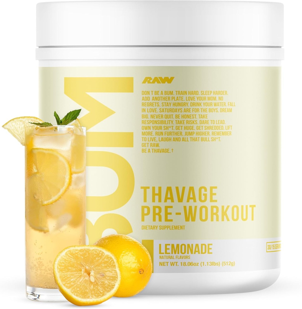 RAW Pre Workout Powder, Thavage (Λεμονάδα) - Chris Bumstead Sports Συμπλήρωμα διατροφής για άνδρες & γυναίκες - Cbum Pre Workout για προπόνηση, ενυδάτωση, ψυχική εστίαση & ενέργεια - 40 εξυπηρετήσεις