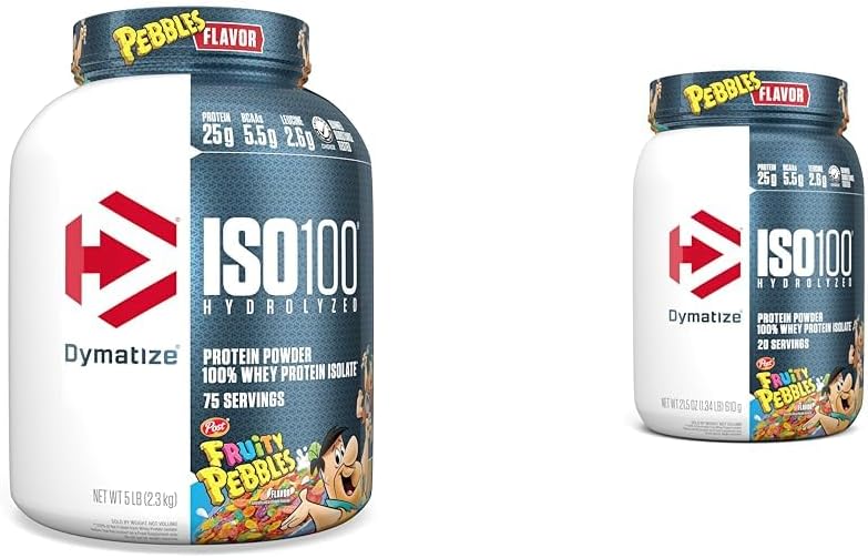Dymatize ISO100 Υδρολυμένη σκόνη πρωτεΐνης φρουτώδη βότσαλα, 25g πρωτεΐνη, 5.5g BCAAs, 5 Λίρες + 20 εξυπηρετούν