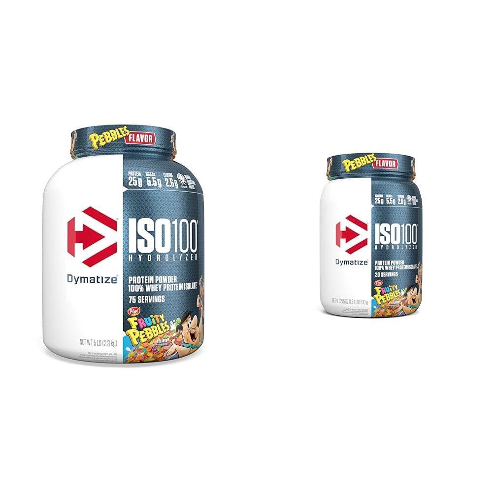Dymatize ISO100 Υδρολυμένη σκόνη πρωτεΐνης φρουτώδη βότσαλα, 25g πρωτεΐνη, 5.5g BCAAs, 5 Λίρες + 20 εξυπηρετούν