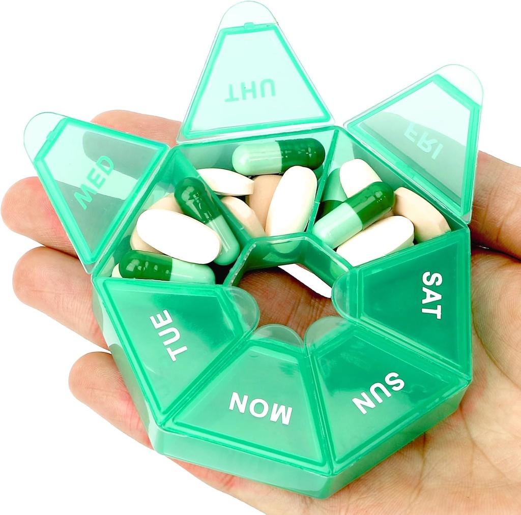 Green Daily Pill Organizer - 7 Day, 1 Time a Day, Travel Pill Box with 7 Compartments