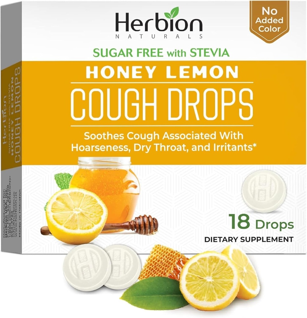 HERBION Naturals Cough Drops, Sugar-Free with Stevia, Dietary Supplement, Soothes Cough, for Adults & Children Πάνω από 6 Χρόνια, 25 Drops Κάθε (18 Count of 1), Honey Lemon)