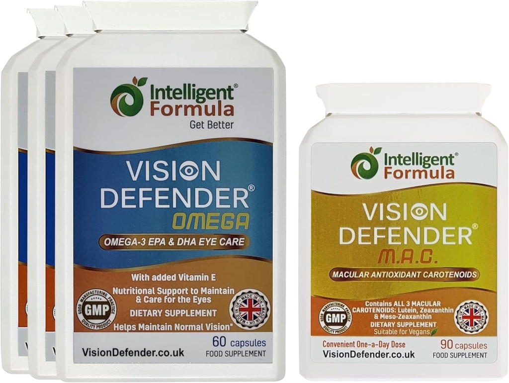 Vision Defender MAC & Omega Everyday General Eye-Health Bundle (Προμήθεια 90 Ημερών). Το συμπλήρωμα των οφθαλμικών βιταμινών περιλαμβάνει τα καροτενοειδή Λουτεΐνη, Ζεαξανθίνη, Ωμέγα-3 (DHA, EPA). Κατασκευασμένο στο Ηνωμένο Βασίλειο από ειδικούς στα μάτια