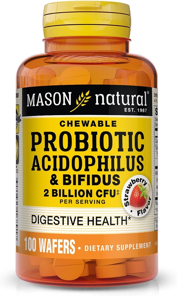 MASON NATURAL Probiotic Acidophilus με Bifidus, 50 ημέρες προσφοράς, υποστηρίζει υγιή φυσιολογική πέψη, γεύση φράουλας, 100 μασώμενα wafers