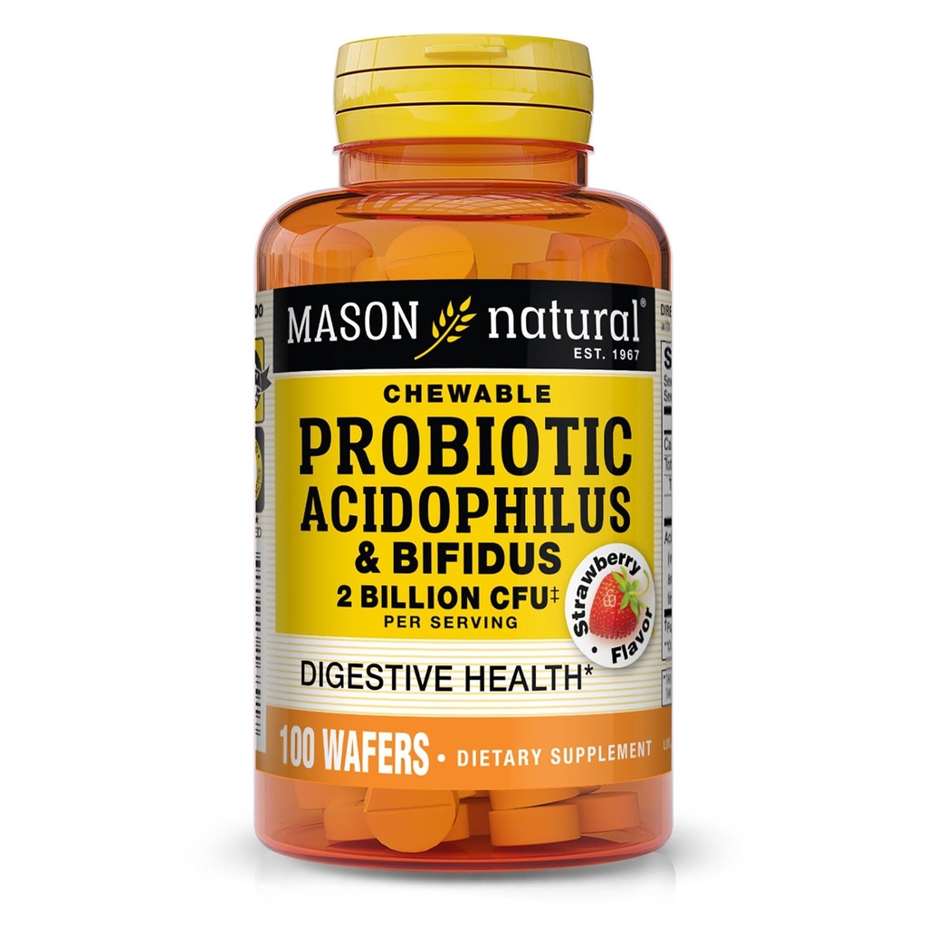 MASON NATURAL Probiotic Acidophilus με Bifidus, 50 ημέρες προσφοράς, υποστηρίζει υγιή φυσιολογική πέψη, γεύση φράουλας, 100 μασώμενα wafers